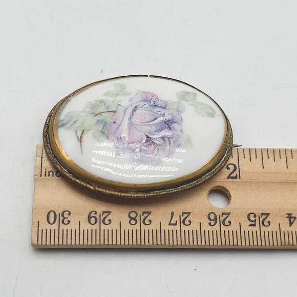 Antique Oval Floral Ceramic Limoge Brooch With Purple Rose Brass Frame - Picture 4 of 4